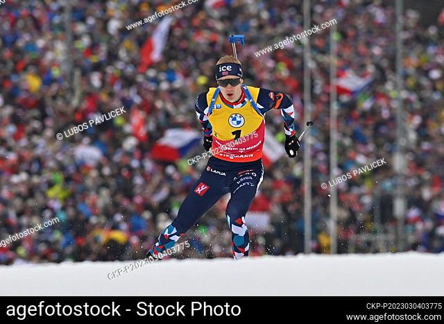 Johannes Thingnes Boe of Norway competes during the men's Biathlon World Cup 12.5 km pursuit event in Nove Mesto na Morave, Czech Republic, March 4, 2023