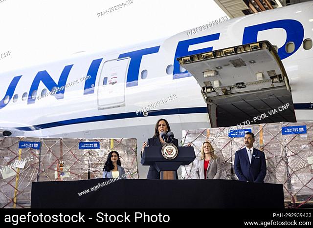 United States Vice President Kamala Harris speaks on Operation Fly Formula in front of a United Airlines plane that delivered pallets of Kendamil infant formula...