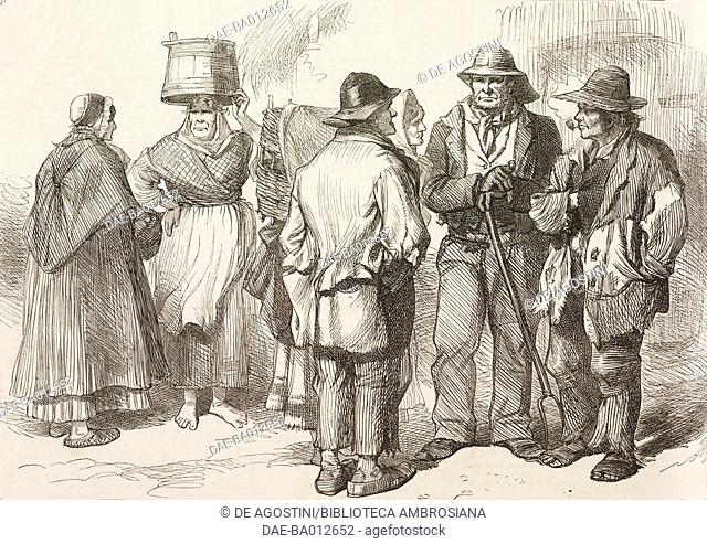 Men and women of Claddagh, Galway, Ireland, illustration from the magazine The Illustrated London News, volume LXII, February 22, 1873
