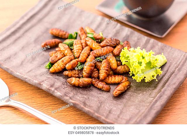 Fried insects - Wood worm insect crispy with pandan after fried and add a light coating of sauce and garnish Thai pepper powder with fork and spoon, tea