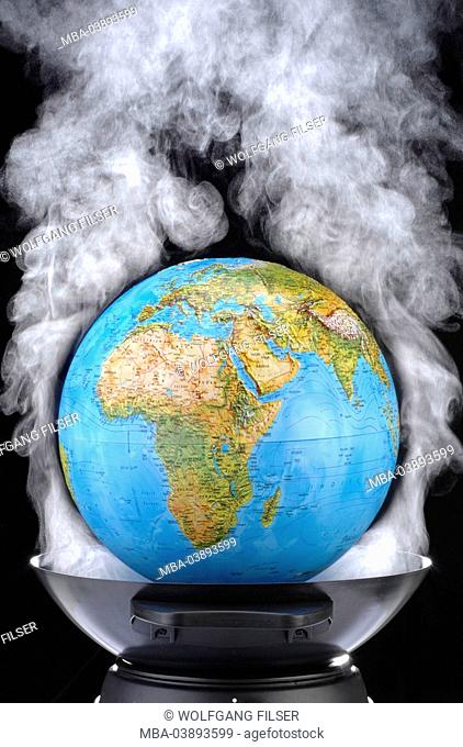 Saucepan, Wok, globe, steam, symbol, Klimaerwärmung, climate, concept, globe, world, waste of energy, climate, climate-protection, climate-changes