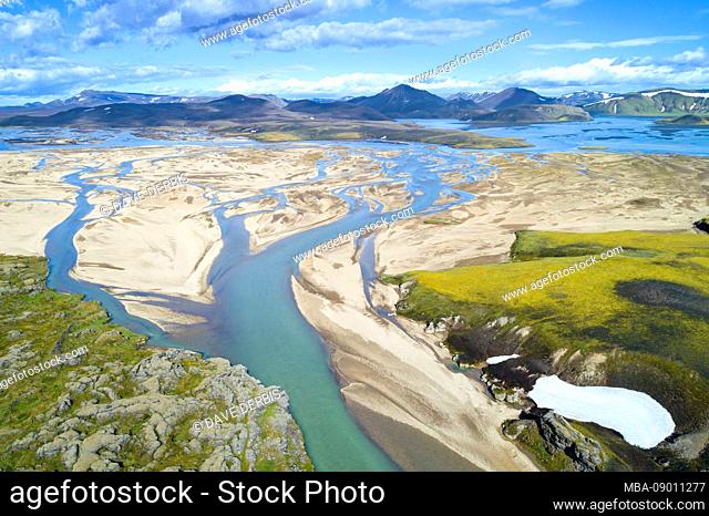 Landmannalaugar, Nordurnamur, Mountains, Lake, Highlands, Outlook, Aerial View, Iceland, Europe