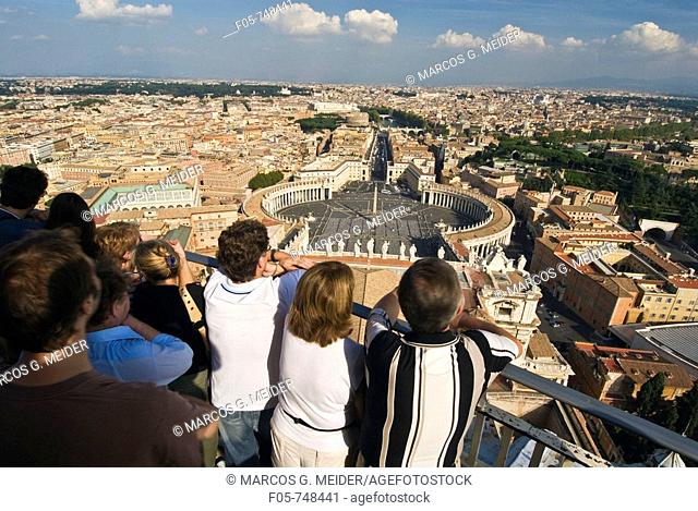 Tourists overlooking Saint Peter's Square and the city of Rome from Saint Peter's Basilica Dome  The Vatican, Rome, Lazio, Italy