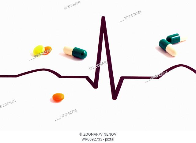 Pills lying on ECG diagram
