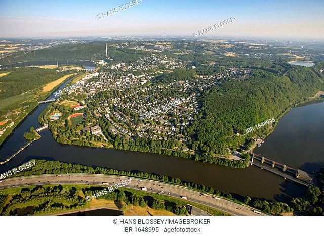Aerial view, aqueduct on Harkortsee lake, Hensteysee lake, Ruhr river, Ruhrtal valley, Herdecke, Ruhrgebiet area, North Rhine-Westphalia, Germany, Europe