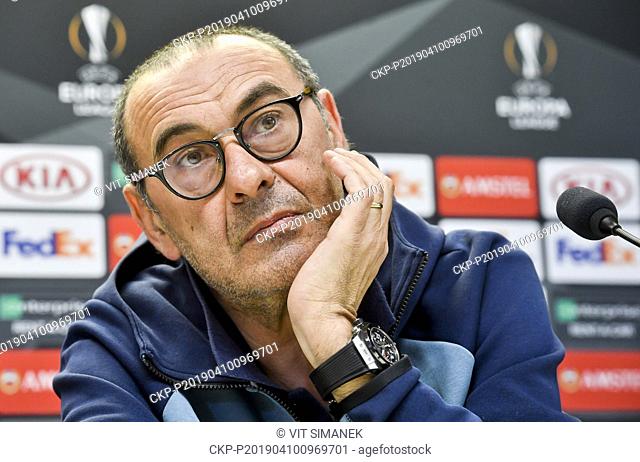 Coach of Chelsea Maurizio Sarri speaks to journalists during the press conference prior to the UEFA Europa League quarterfinal match SK Slavia Praha vs Chelsea