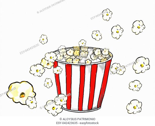 2d Animation motion graphics showing a drawing of a popcorn in red and white stripe bucket popping on white background