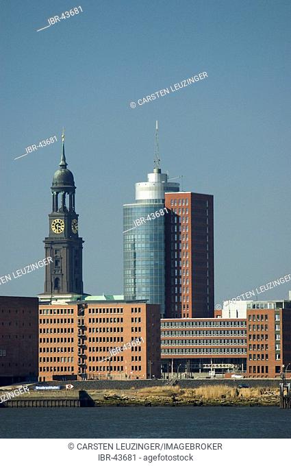 Towers of St Michaelis church and Hanseatic Trade Center HTC at Hamburg Hafencity, Germany, Europe