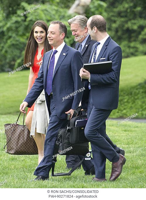 From left to right: Hope Hicks, White House Director of Strategic Communications, Steve Bannon, Chief Strategist, White House Chief of Staff Reince Priebus