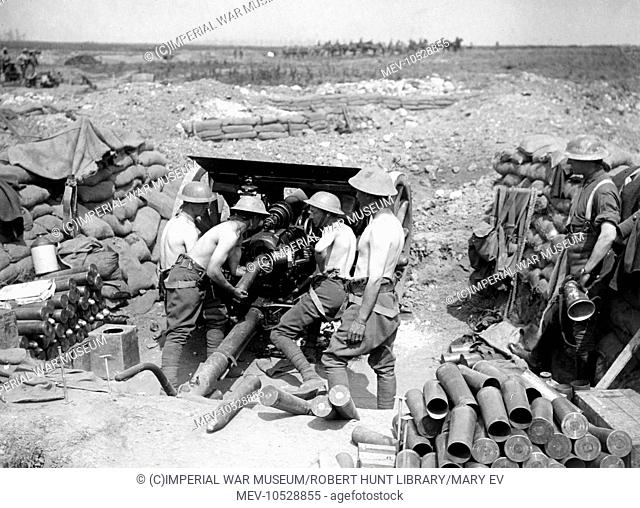 Scene at the Battle of Pozieres, northern France, during the First World War. Gunners firing an 18 pounder for curtain fire or barrage, in Carnoy Valley