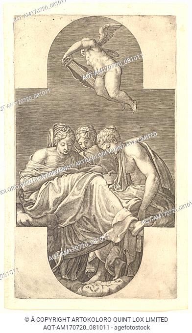 Three Muses and a Putto with a Lyre, a cruciform composition, from a series of eight compositions after Francesco Primaticcio's designs for the ceiling of the...