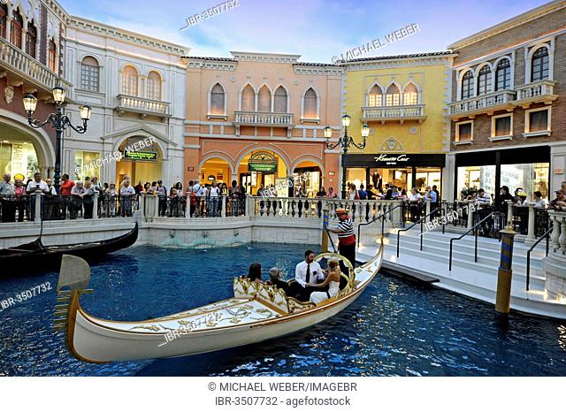 Tourists in a replica of Venetian streets under an artificial sky, wedding gondola, wedding ceremony, Grand Canal, 5-star luxury hotel, The Venetian Casino