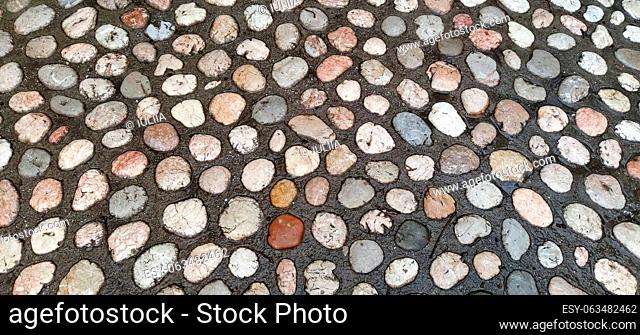 Paving stones made of round light stones similar to marble. Paved square in the old town of Sarajevo, Bosnia and Herzegovina