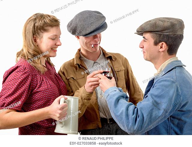 three young people in costumes 40's drink a wine isolated on white background