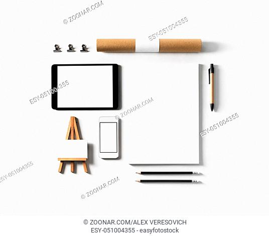 Corporate stationery set. Blank branding identity template on paper background. Top view