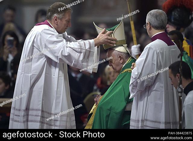 Pope Francis celebrates a mass on the occasion of the Catholic Church World Day of the Poor, in St.Peter's Basilica, on November 13, 2022 in Vatican City