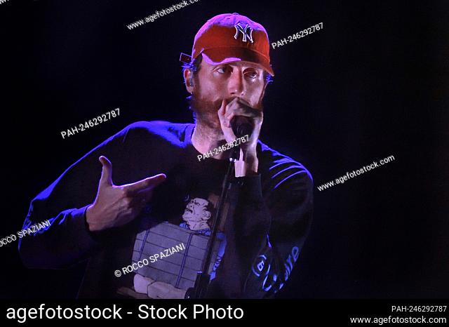The rapper, Italian singer-songwriter Mecna, pseudonym of Corrado Grilli, in concert at Auditorium Parco della Musica in Rome (Italy), June 26th, 2021