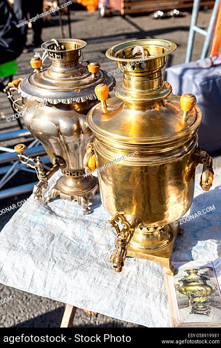 Old Russian traditional samovars for tea ceremony