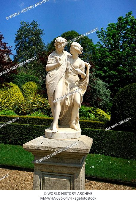 View of a Roman style statue in the gardens of Waddesdon Manor, a country house in the village of Waddesdon. Built in the Neo-Renaissance style of a French...
