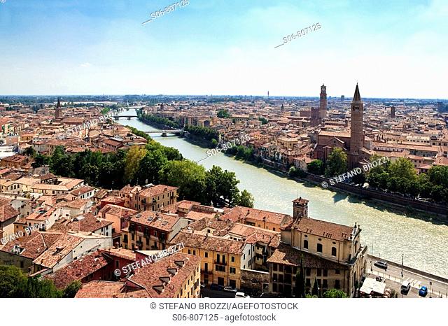 View of Verona. Tower of the Church of Santa Anastasia and Torre dei Lamberti. Italy