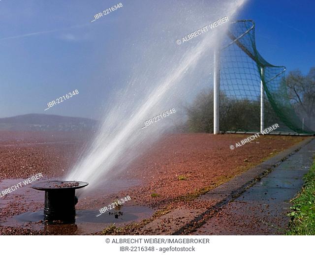 Intensive irrigation of a soccer field, symbolic image for water consumption, wasting of water, Germany, Europe