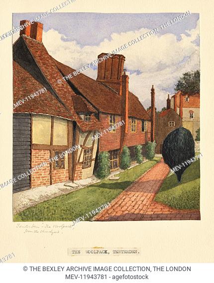 Watercolour of half -timbered and tile hung cottages. Titled Tenterden, kent