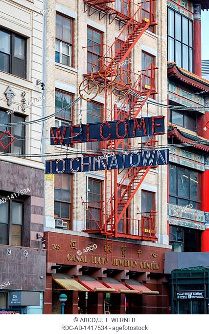 Sign reading Welcome to Chinatown, historic building on Canal Street, New York, NY, USA in Fall 2014