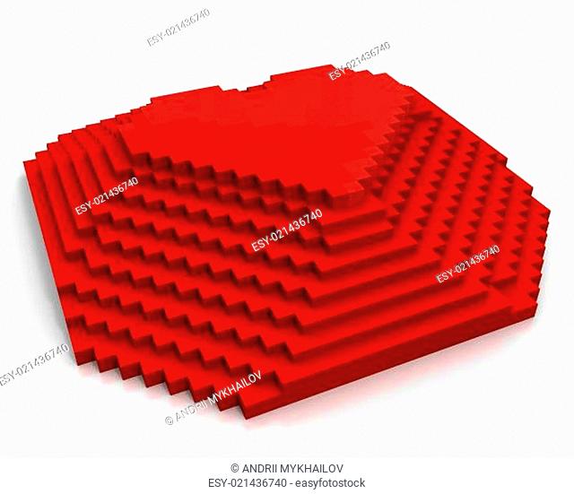 Pyramid with heart on top made of red cubic pixels, diagonal view