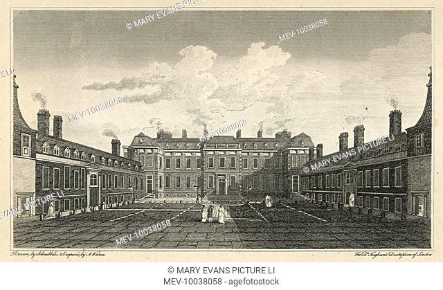 Exterior view of the courtyard of the British Museum while housed in Montagu House, which will be replaced by Smirke's buildings between 1823 and 1852