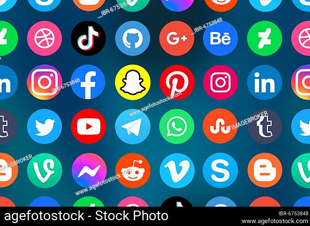 Logo of social media icons social network Facebook, Instagram, YouTube, Twitter and WhatsApp on the Internet in Germany