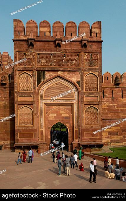 AGRA, INDIA - 23 OCTOBER 2013 - Main gate of the red Agra Fort, home of the Moghul Emperors, Now an Unesco world heritage site