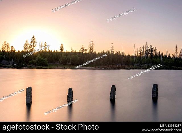 Germany, Lower Saxony, Upper Harz, sunset at the Oderteich in the Harz National Park