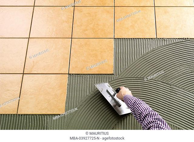 Building site, shell construction, tiles, move, man, hand