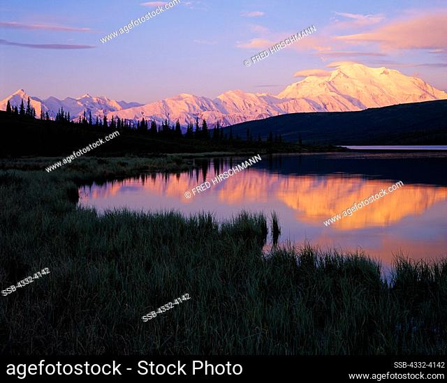 Early morning reflection of North America's tallest mountain, 20, 320 foot Mt. McKinley or Denali, in Wonder Lake, Denali National Park, Alaska