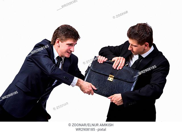 Two twins businessmen arguing with each other isolated on white