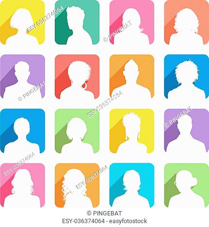 A collection of 16 high detail avatars White silhouettes On colorful Shaded Backgrounds.Vector File is EPS v.8. No transparency usedAs an extra