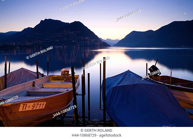 Lago di Lugano, Lake of Lugano, Switzerland, canton Ticino, lake, dusk, twilight, morning light, boats, reflection