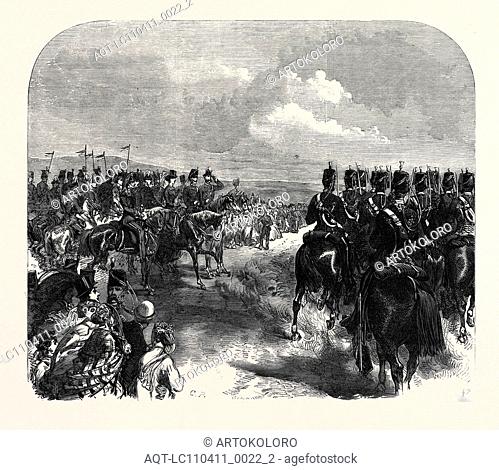 FIELD-DAY AT ALDERSHOTT: CAVALRY MARCHING PAST THE PRINCE AND PRINCESS OF WALES, UK, 1866