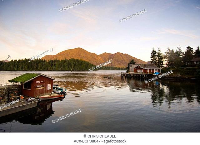 Tofino waterfront, crab dock at twilight, Vancouver Island, British Columbia, Canada