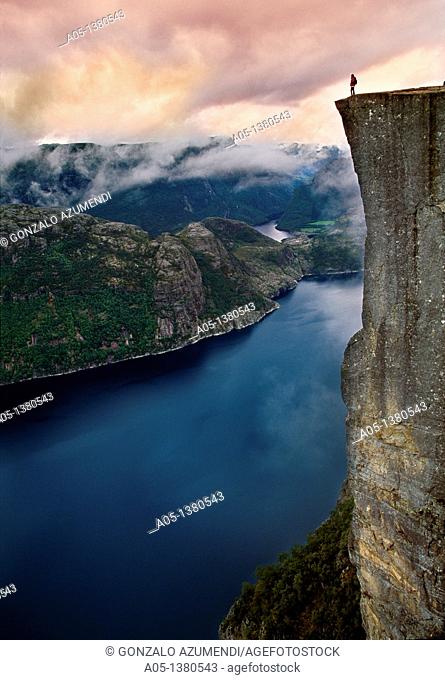 Preikestolen, Pulpit Rock, 600 meters over LyseFjord, Lyse Fjord, in Ryfylke district, Rogaland Region, It is the most popular hike in Stavanger area, Norway