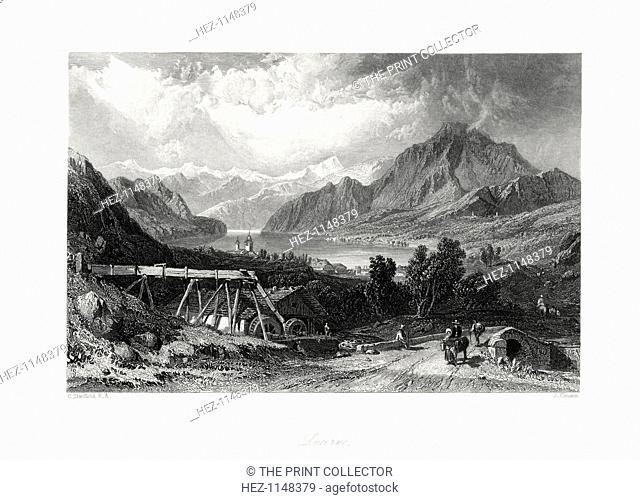 Lucerne, Central Switzerland, 19th century. View of the lake and mountains with a water mill in the foreground
