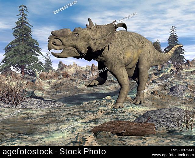 Pachyrhinosaurus dinosaur walking in a prehistoric landscape - 3D render