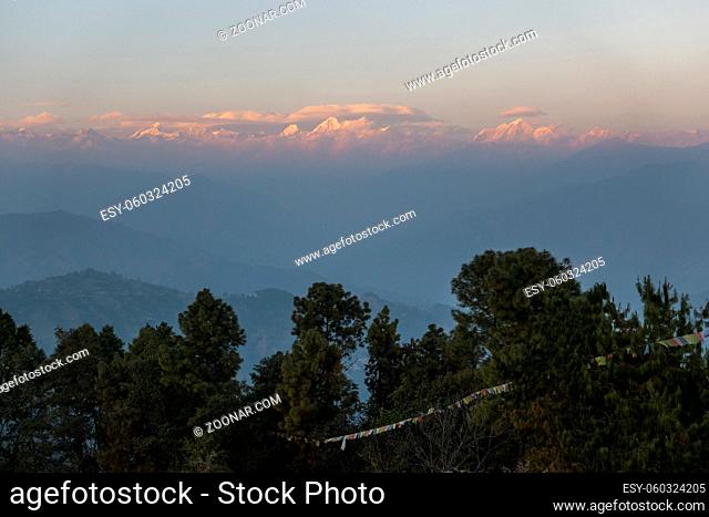 Sunset view of the Himalayas from Nagarkot in the Kathmandu Valley, Nepal