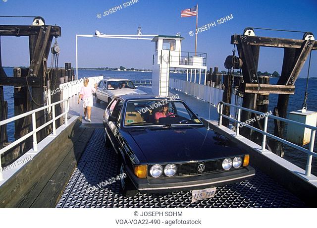 Cars and people occupy the deck of the St. Michaels Ferry crossing to and from Maryland's Eastern Shore