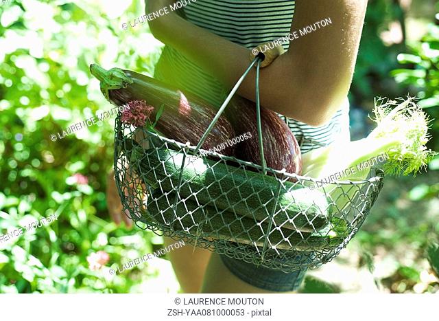 Teenage girl carrying wire basket of vegetables
