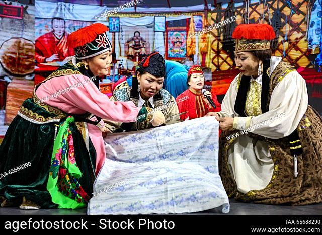 RUSSIA, MOSCOW - DECEMBER 12, 2023: A traditional wedding takes place on Kalmykia Republic Day as part of the Russia Expo international exhibition and forum at...