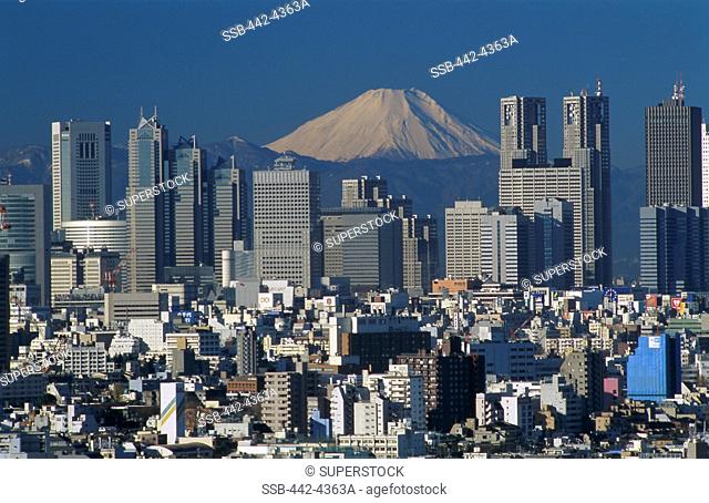 Buildings in a city with a mountain in the background, Mount Fuji, Tokyo, Japan
