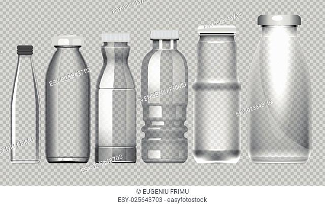 Vector set of transparent glass jar bottle for milk, juice and water mockup ready for your design