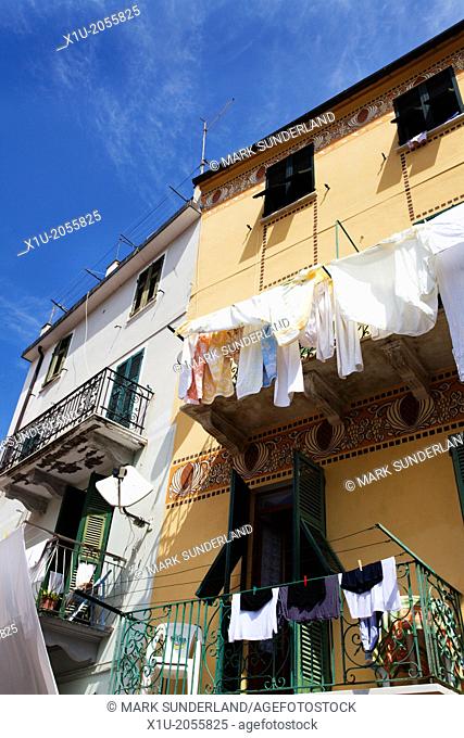 Washing Hanging from a Balcony in Corniglia Cinque Terre Liguria Italy
