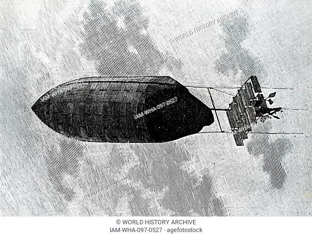 Engraving depicting Constantin Danilewsky's steerable balloon. Dated 20th Century